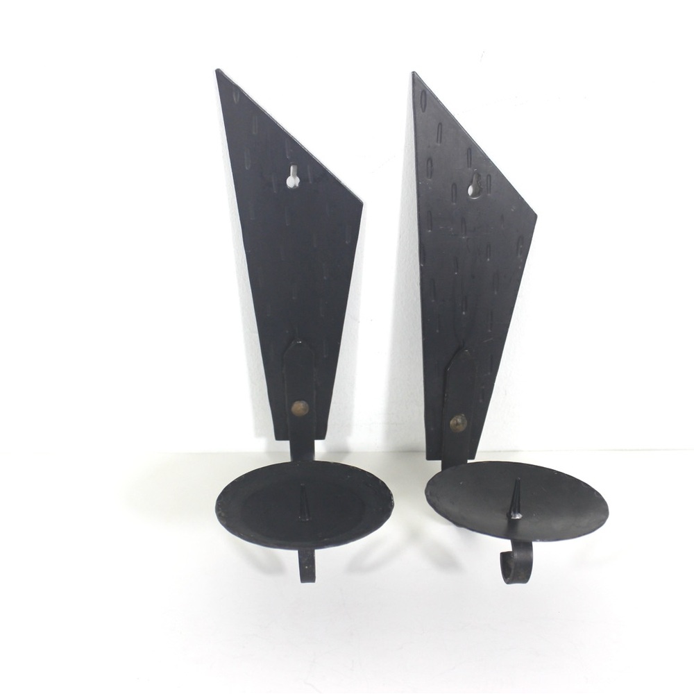 MCM Hammered Candle Holder Wall Sconces, Black Brutalist Mid Century Modern